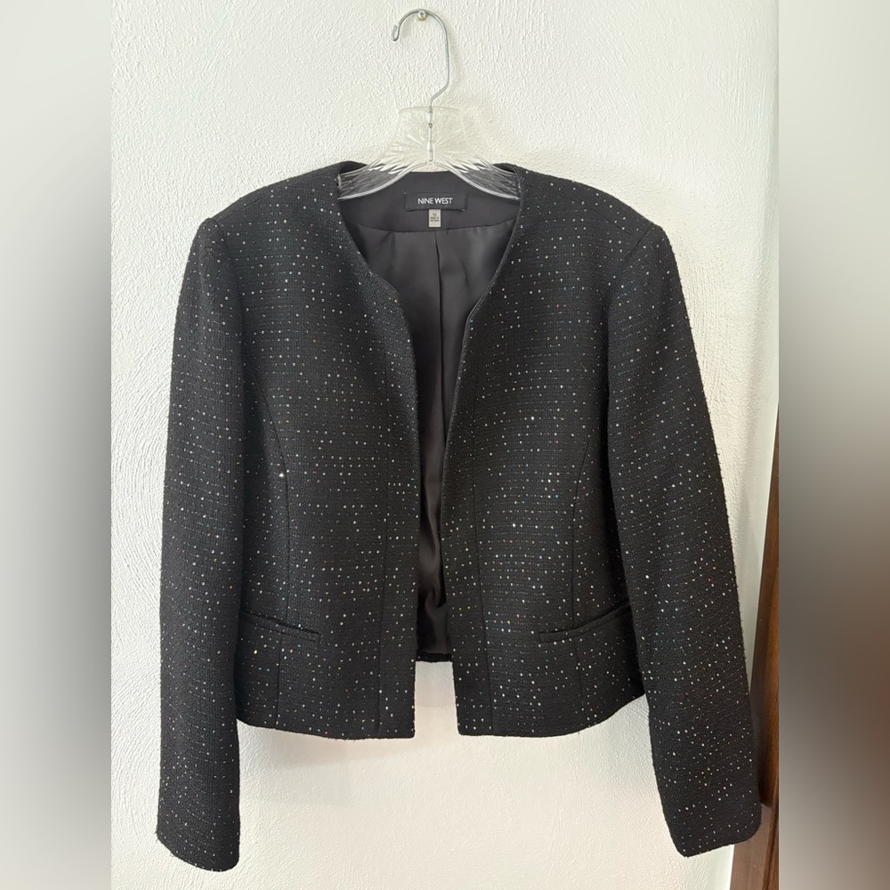 Nine West Black Sequin Collarless Blazer